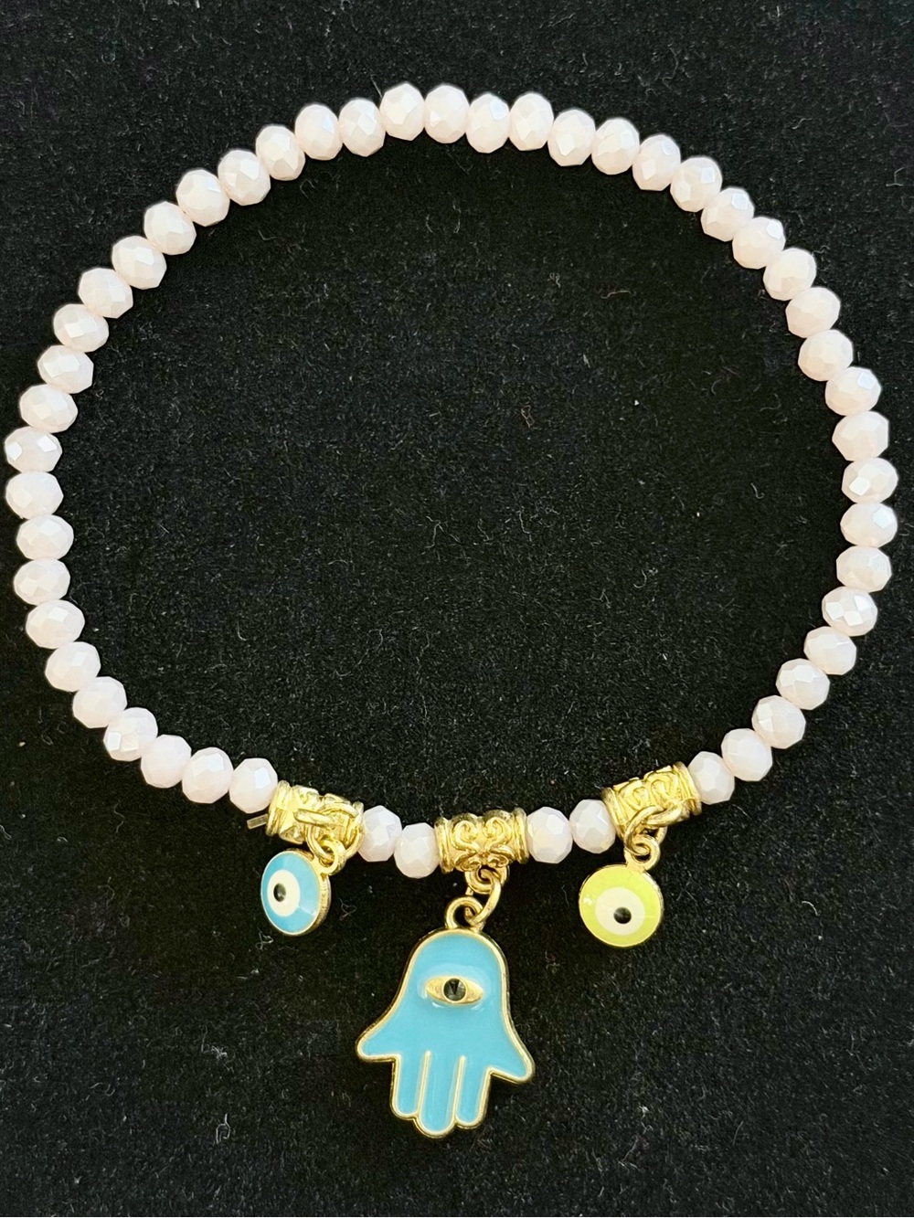 White Beaded Stretch Bracelet with Hamsa & Evil Eye Charms